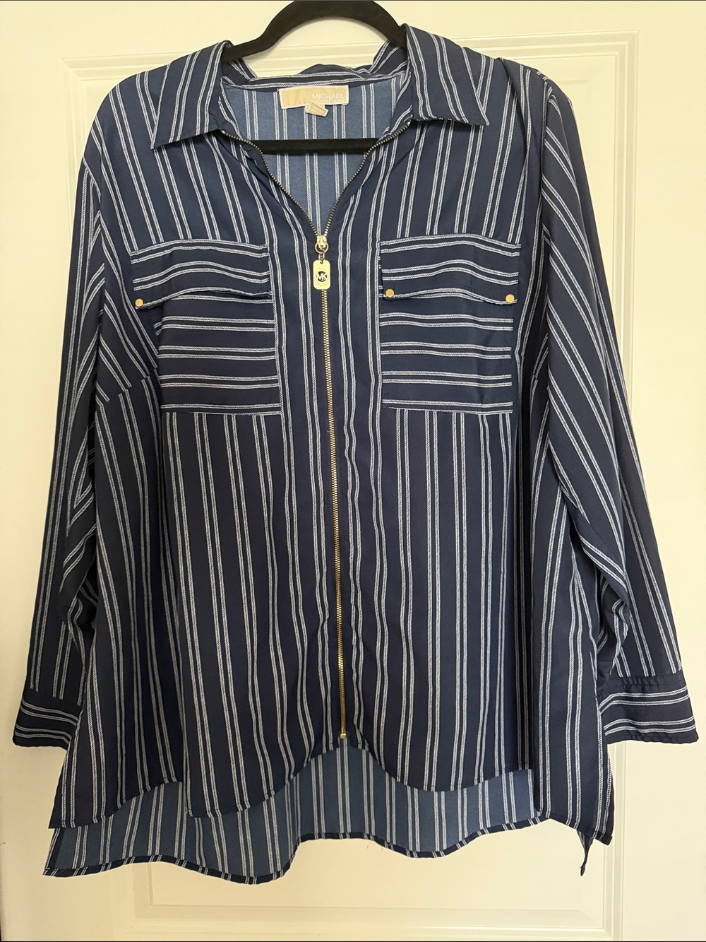Michael Kors Navy and White Striped Zip-Front Shirt